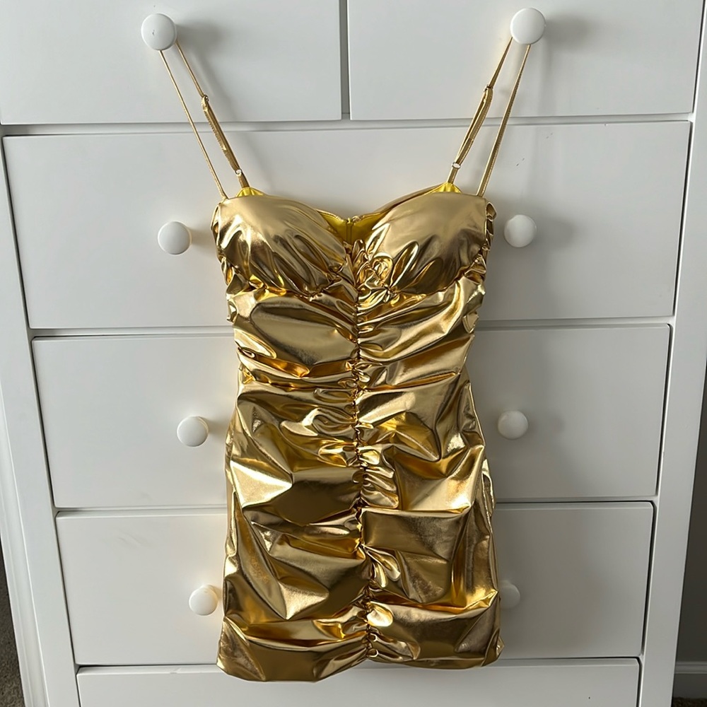 DVL Shop Size Small, Corin Ruched Gold Metallic Minidress